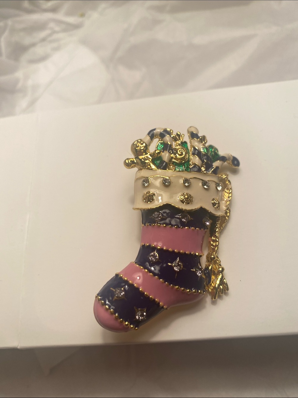 Festive Enamel Christmas Stocking Brooch - Pink & Navy